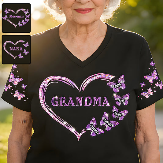 Custom Bling Shirt For Grandma/ Mother - Personalized Grandma Fully Printed V-Neck T-Shirt