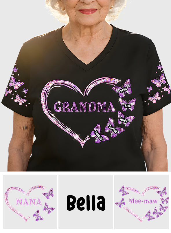 Custom Bling Shirt For Grandma/ Mother - Personalized Grandma Fully Printed V-Neck T-Shirt