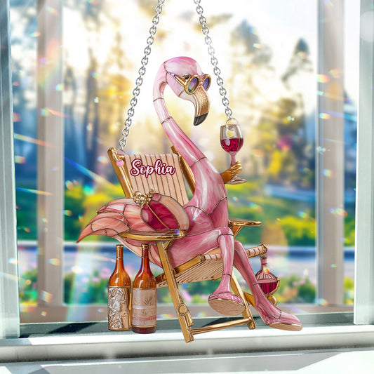 Chic Flamingo And Wine - Personalized Flamingo Window Hanging Suncatcher Ornament
