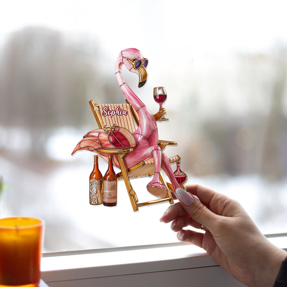 Chic Flamingo And Wine - Personalized Flamingo Window Hanging Suncatcher Ornament