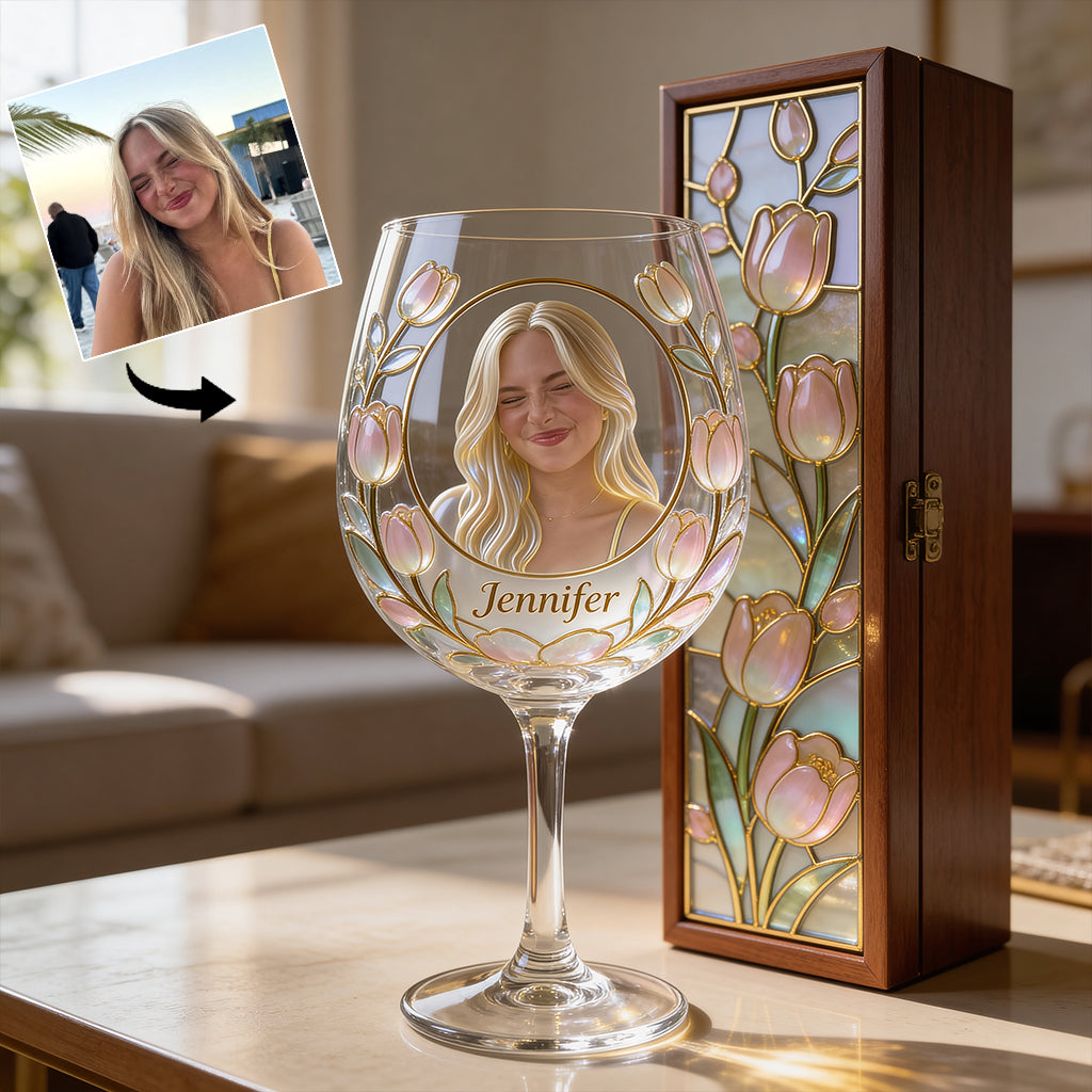 Coffret de verres à vin personnalisés avec photo et fleur pour votre mois de naissance - Coffret en bois « Amour de soi »