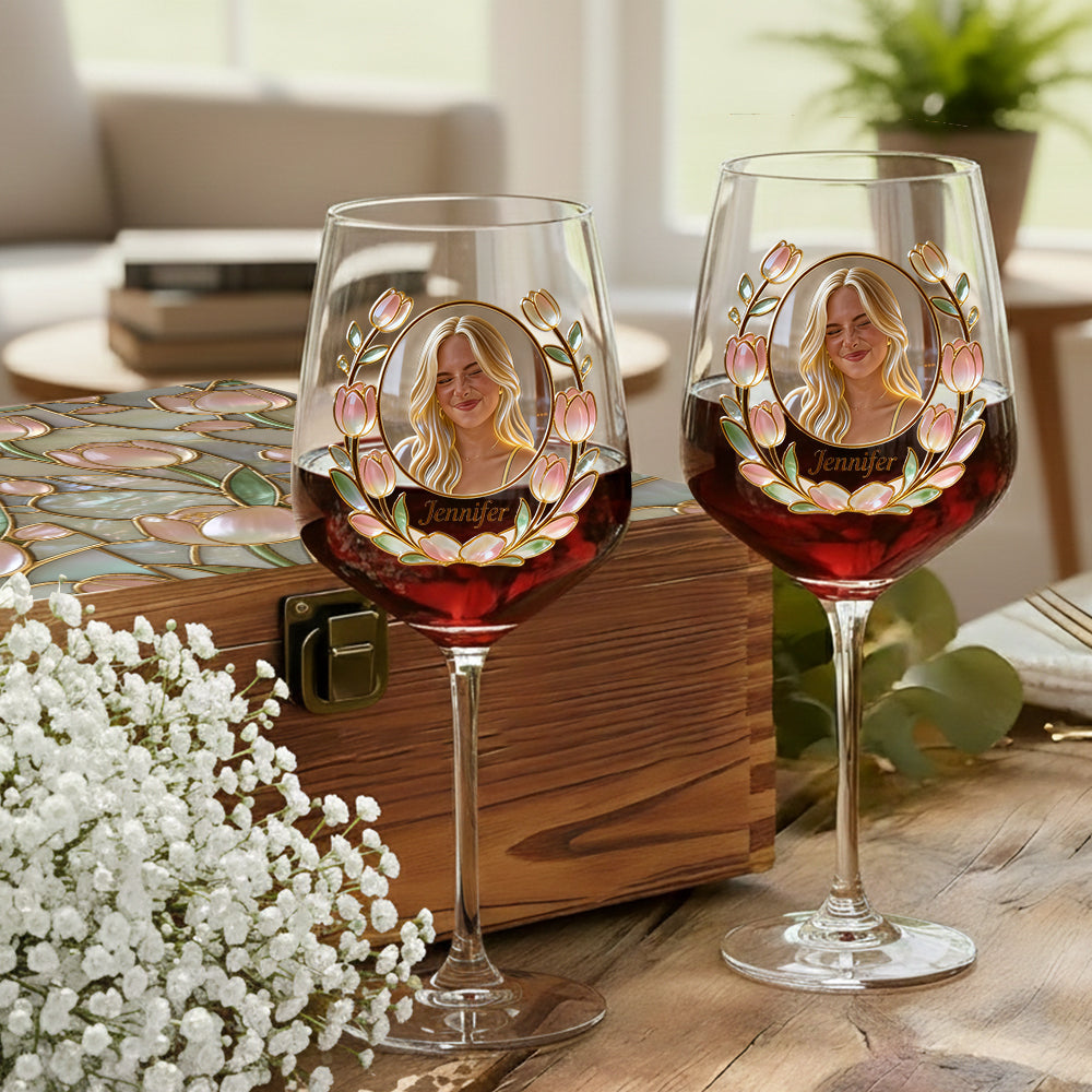 Coffret de verres à vin personnalisés avec photo et fleur pour votre mois de naissance - Coffret en bois « Amour de soi »