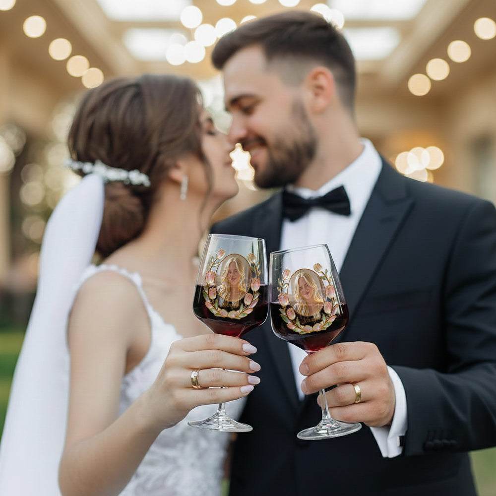 Coffret de verres à vin personnalisés avec photo et fleur pour votre mois de naissance - Coffret en bois « Amour de soi »