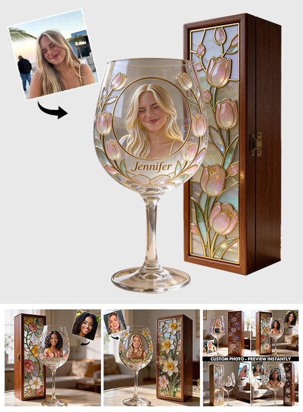 Coffret de verres à vin personnalisés avec photo et fleur pour votre mois de naissance - Coffret en bois « Amour de soi »