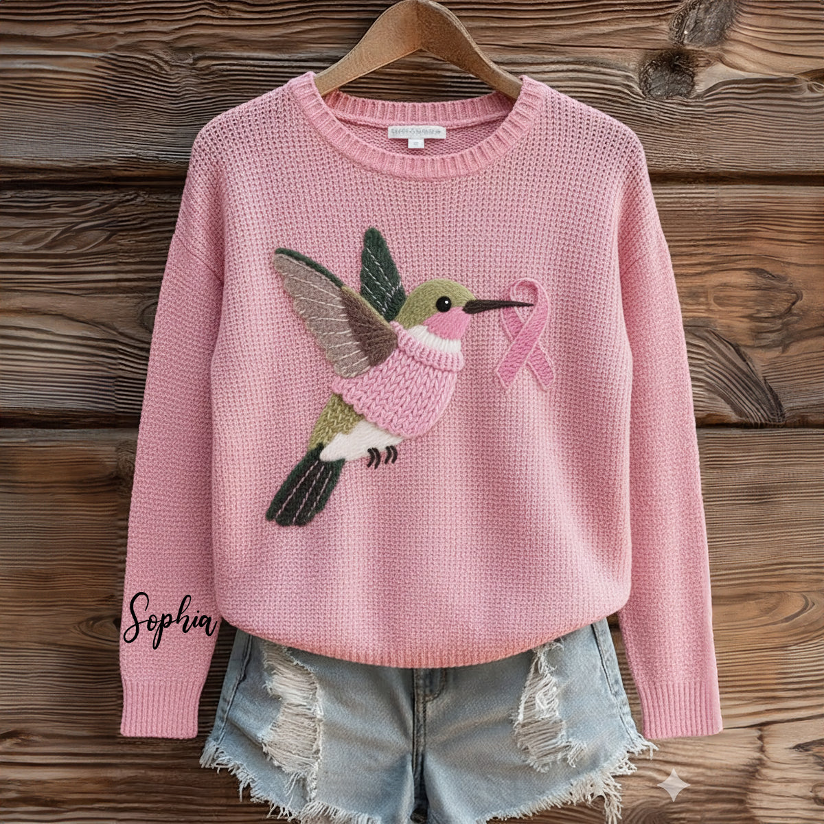 Pink Hummingbird Knit - Personalized Breast Cancer Awareness Ugly Sweater