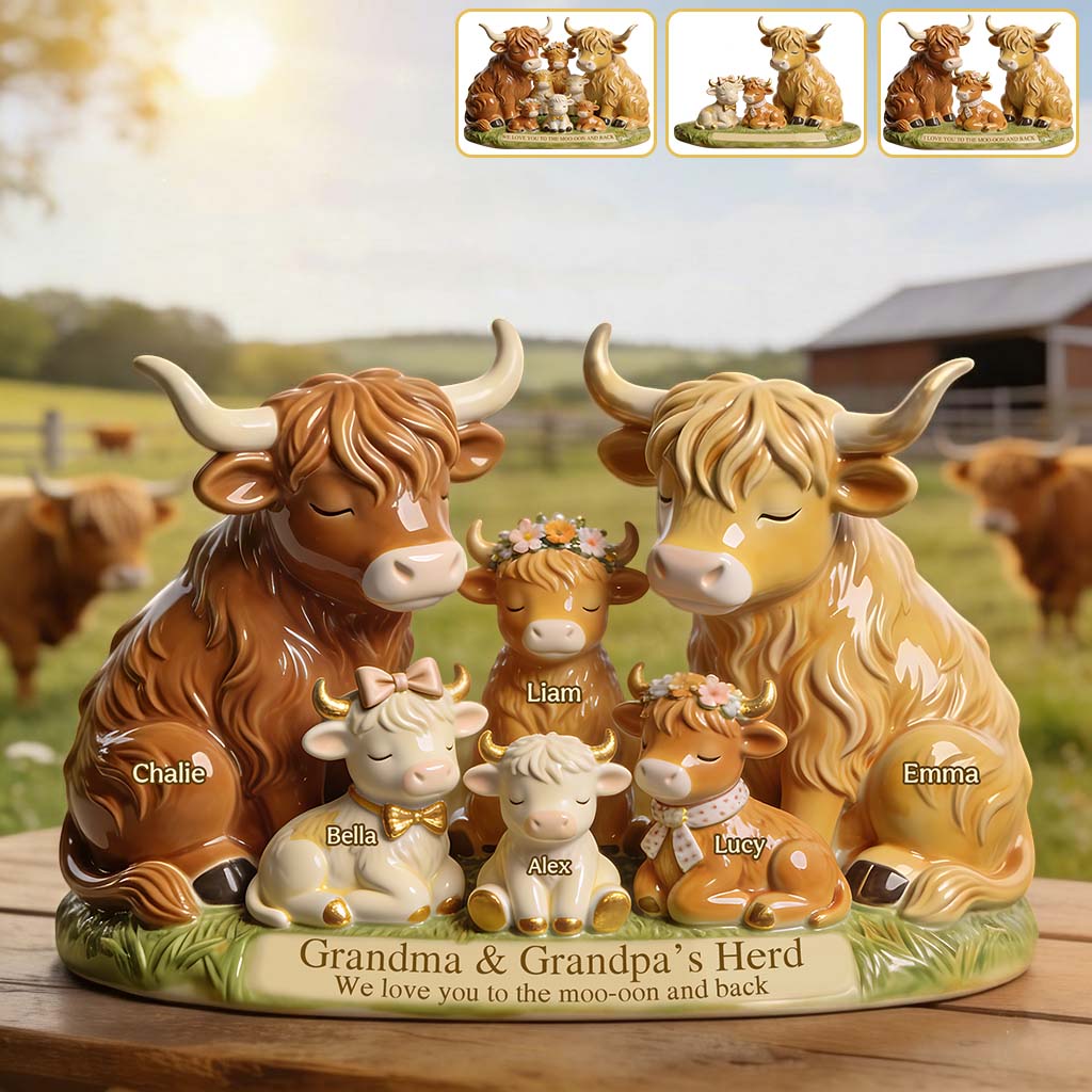Famille de vaches Highland du troupeau de grand-mère et grand-père - Plaque acrylique personnalisée en forme de grand-mère