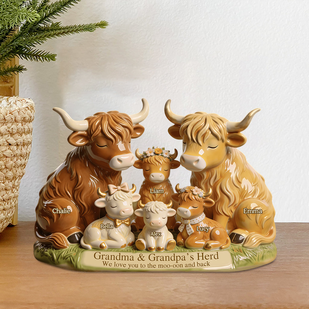Famille de vaches Highland du troupeau de grand-mère et grand-père - Plaque acrylique personnalisée en forme de grand-mère