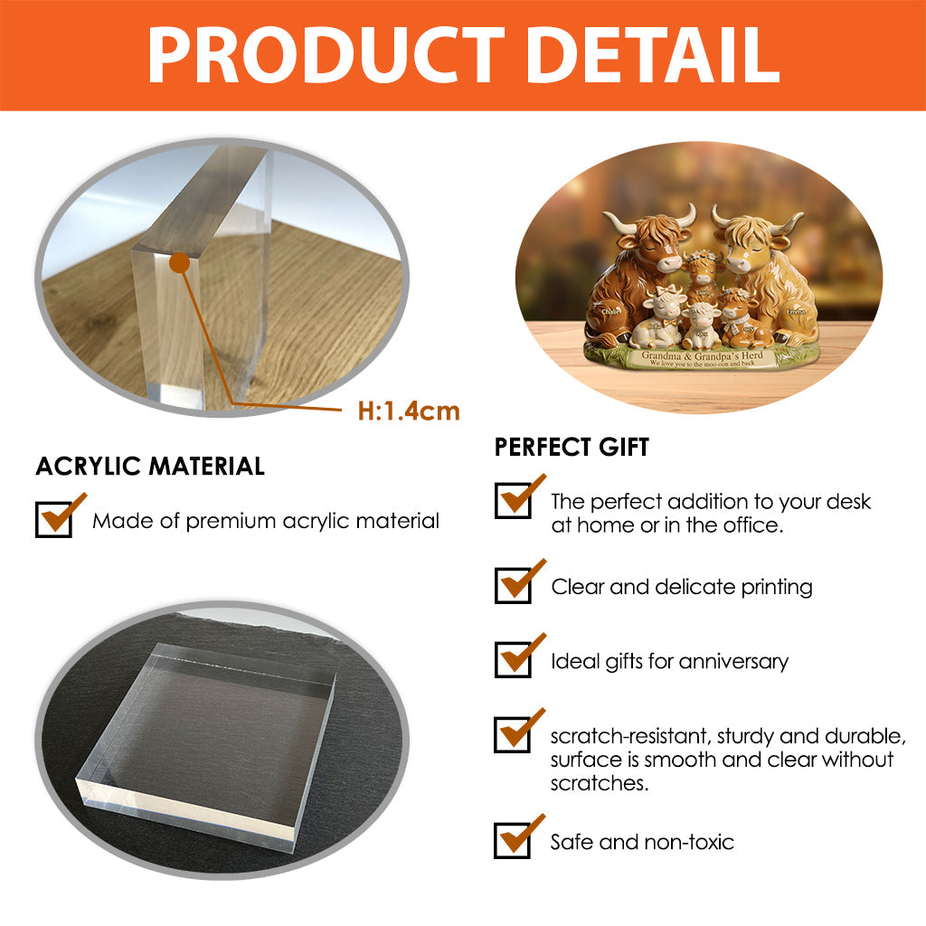 Famille de vaches Highland du troupeau de grand-mère et grand-père - Plaque acrylique personnalisée en forme de grand-mère