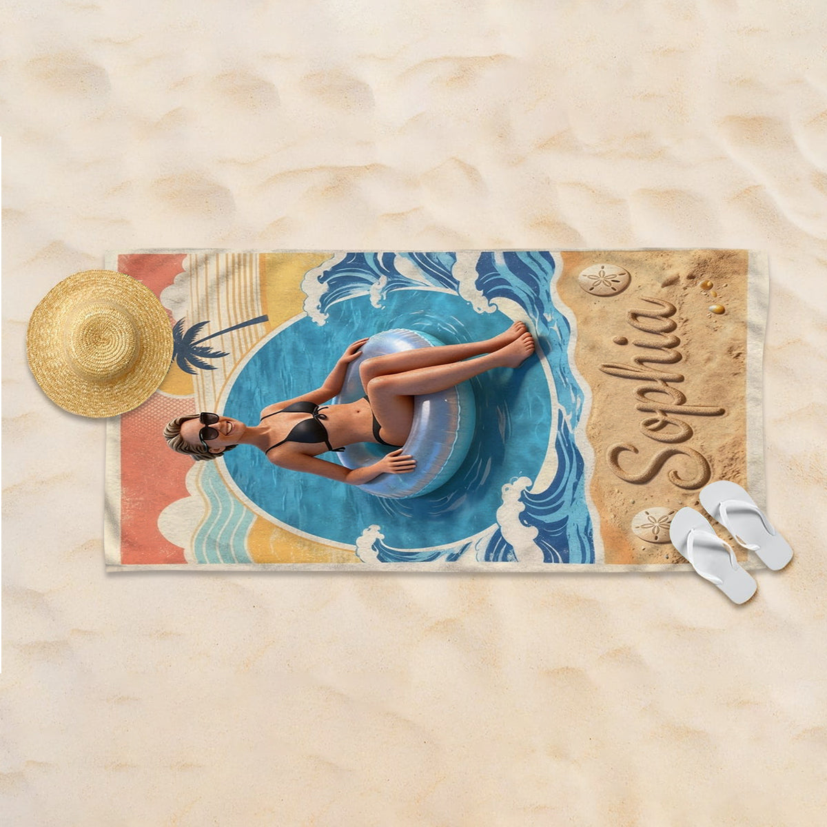 Serviette de Plage Personnalisée Photo Rétro Été - Amoureux de la Mer