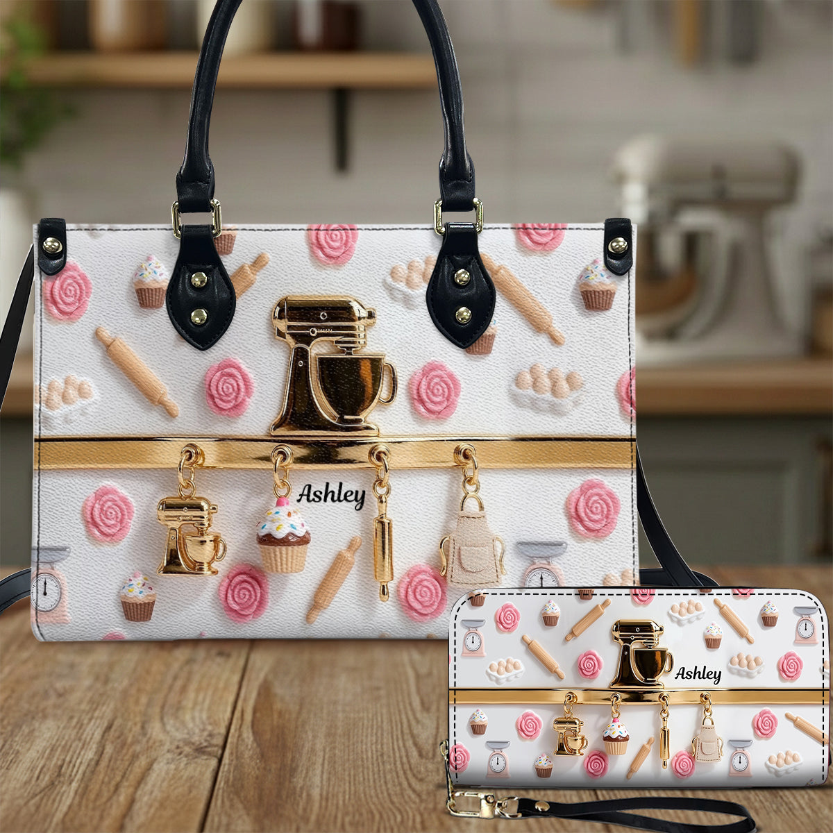 Baking Charms - Personalized Baking Leather Handbag & Leather Long Wallet
