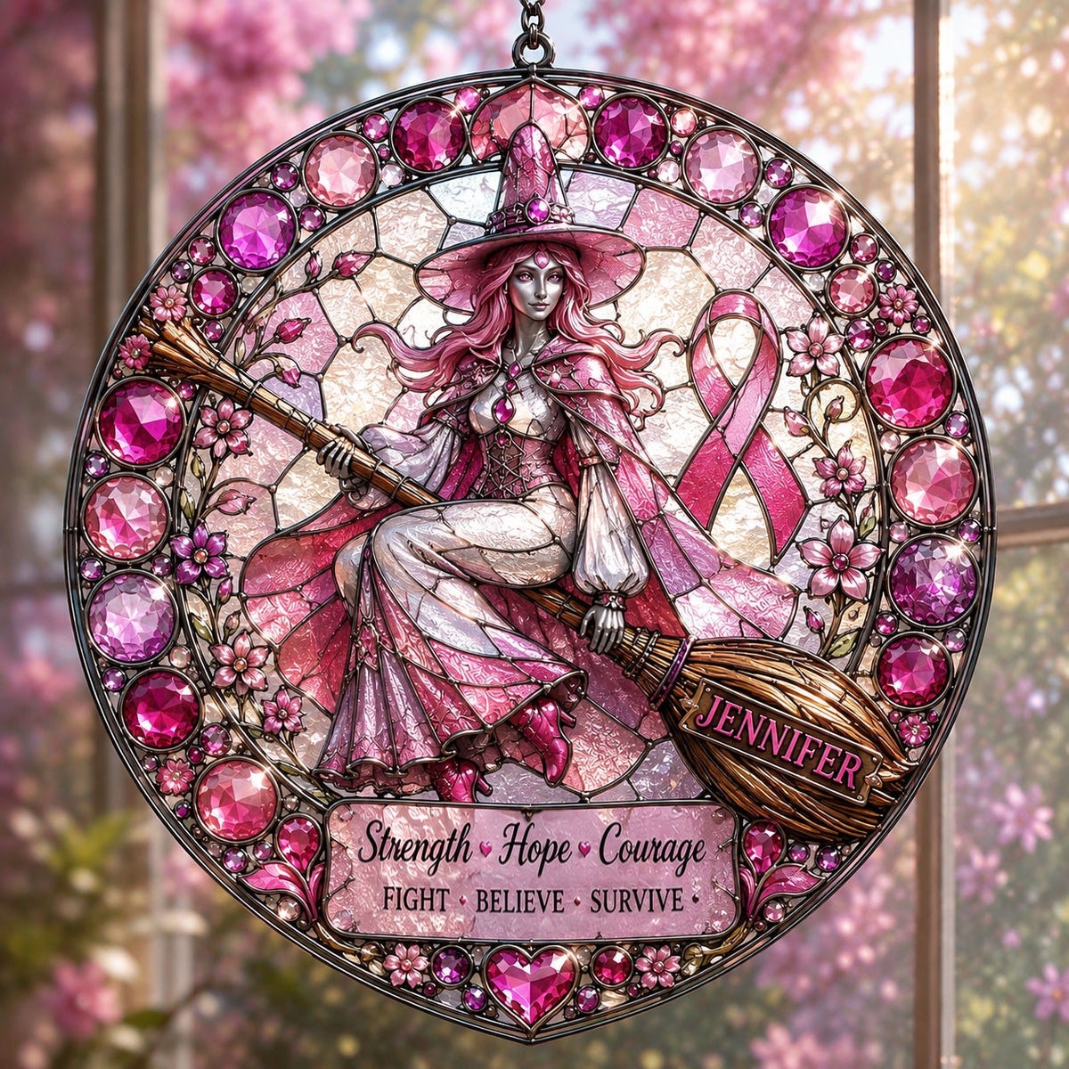 Strength Hope Love - Personalized Breast Cancer Awareness 3D Printed Glass Suncatcher