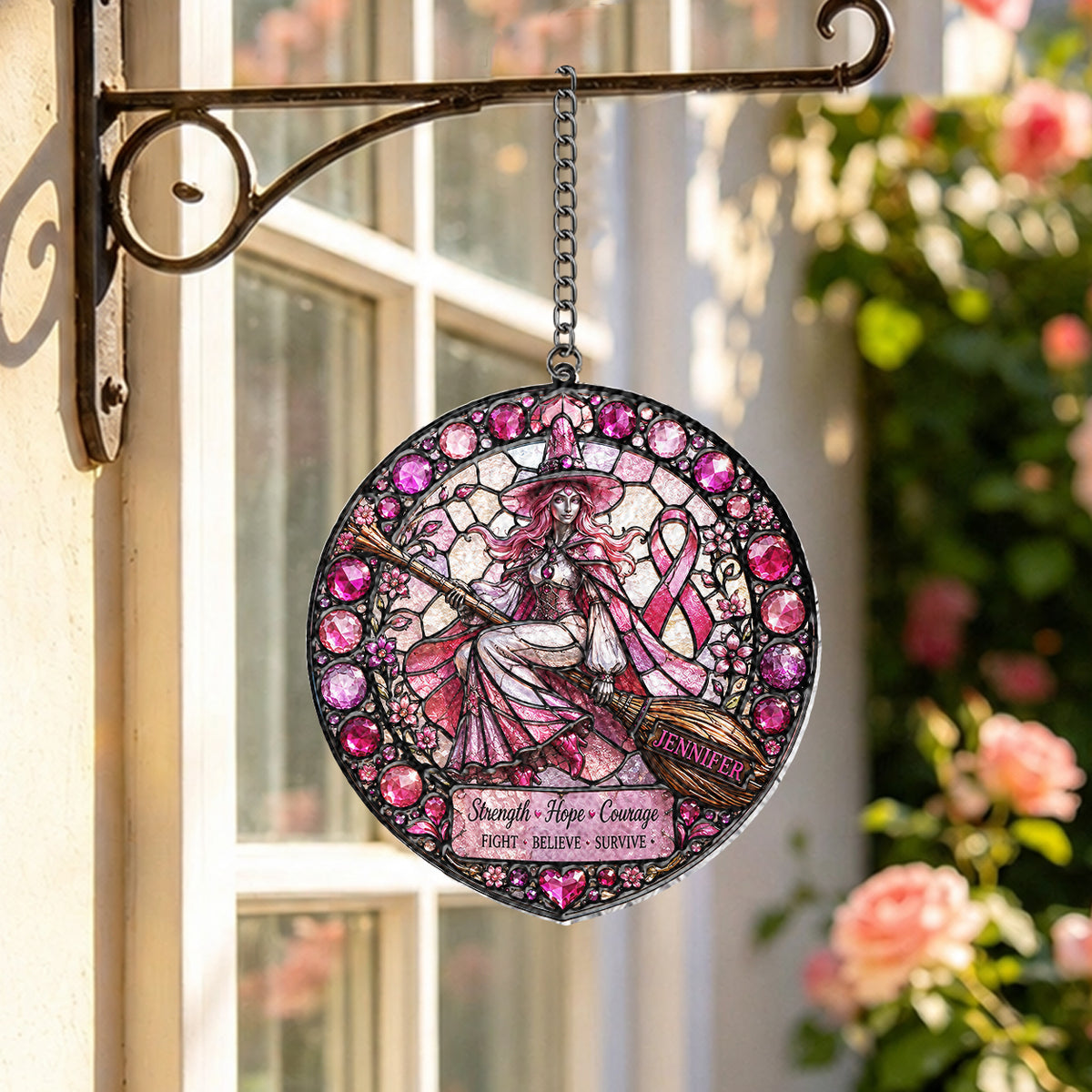 Strength Hope Love - Personalized Breast Cancer Awareness 3D Printed Glass Suncatcher