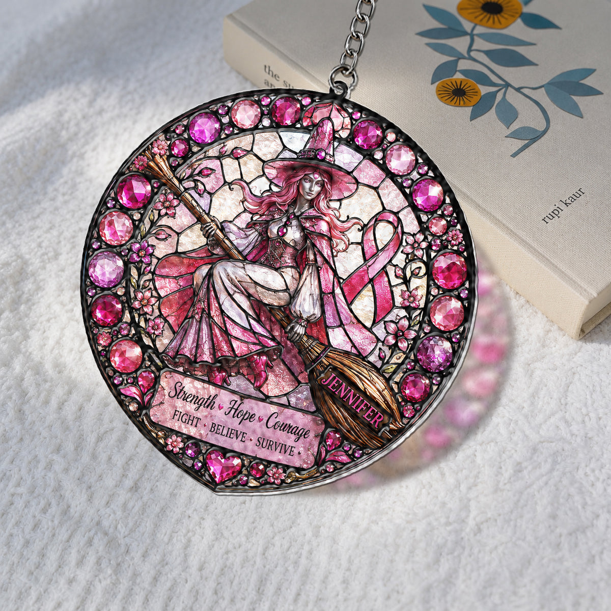 Strength Hope Love - Personalized Breast Cancer Awareness 3D Printed Glass Suncatcher