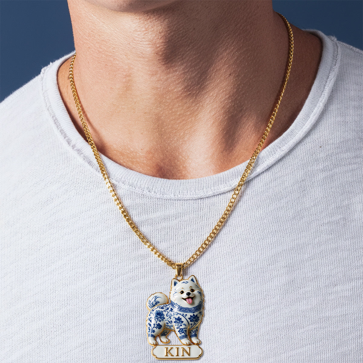 Blue And White Porcelain Pet Jewelry Set - Personalized Dog Pendant Necklace & Stud Earrings