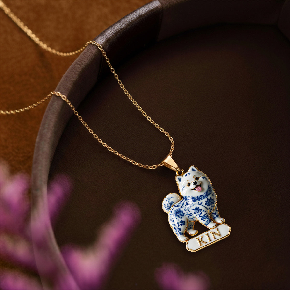 Blue And White Porcelain Pet Jewelry Set - Personalized Dog Pendant Necklace & Stud Earrings