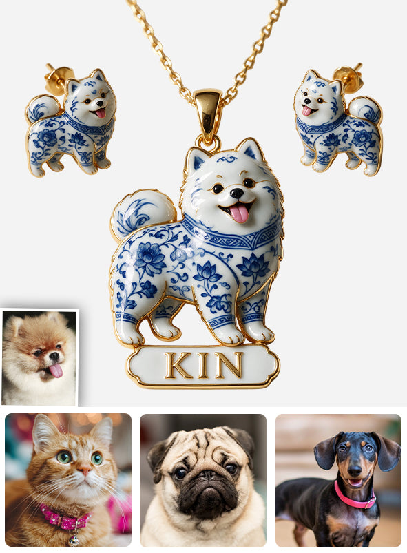 Blue And White Porcelain Pet Jewelry Set - Personalized Dog Pendant Necklace & Stud Earrings