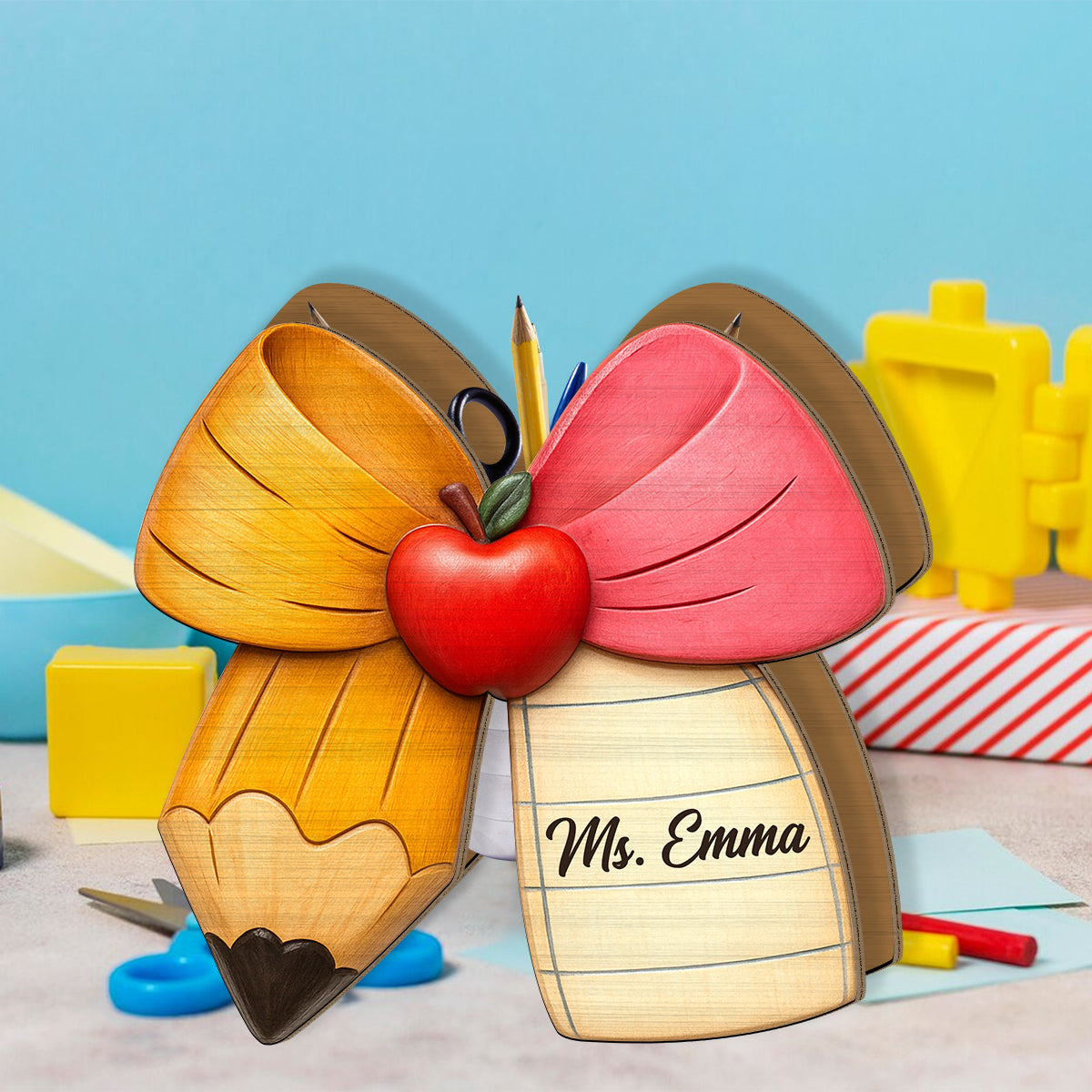 Pencil Paper Bow - Personalized Teacher Wooden Pen Holder