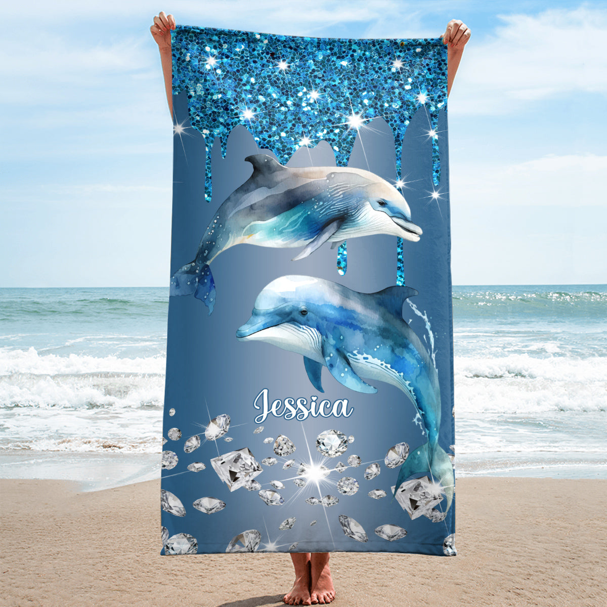 Magnifiques dauphins - Serviette de plage/de bain personnalisée à séchage rapide avec motif dauphin