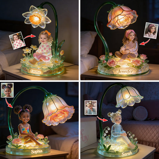 Veilleuse LED acrylique personnalisée pour enfant, avec photo et fleur du mois de naissance - Personnalisation possible avec n'importe quelle photo ou fleur -