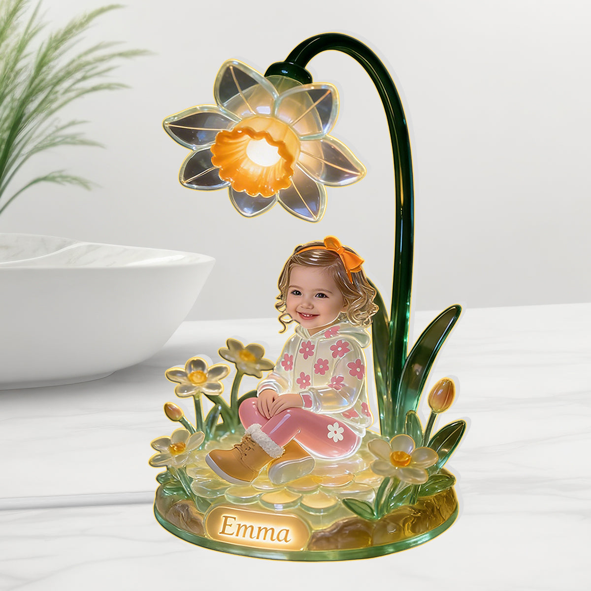 Veilleuse LED acrylique personnalisée pour enfant, avec photo et fleur du mois de naissance - Personnalisation possible avec n'importe quelle photo ou fleur -