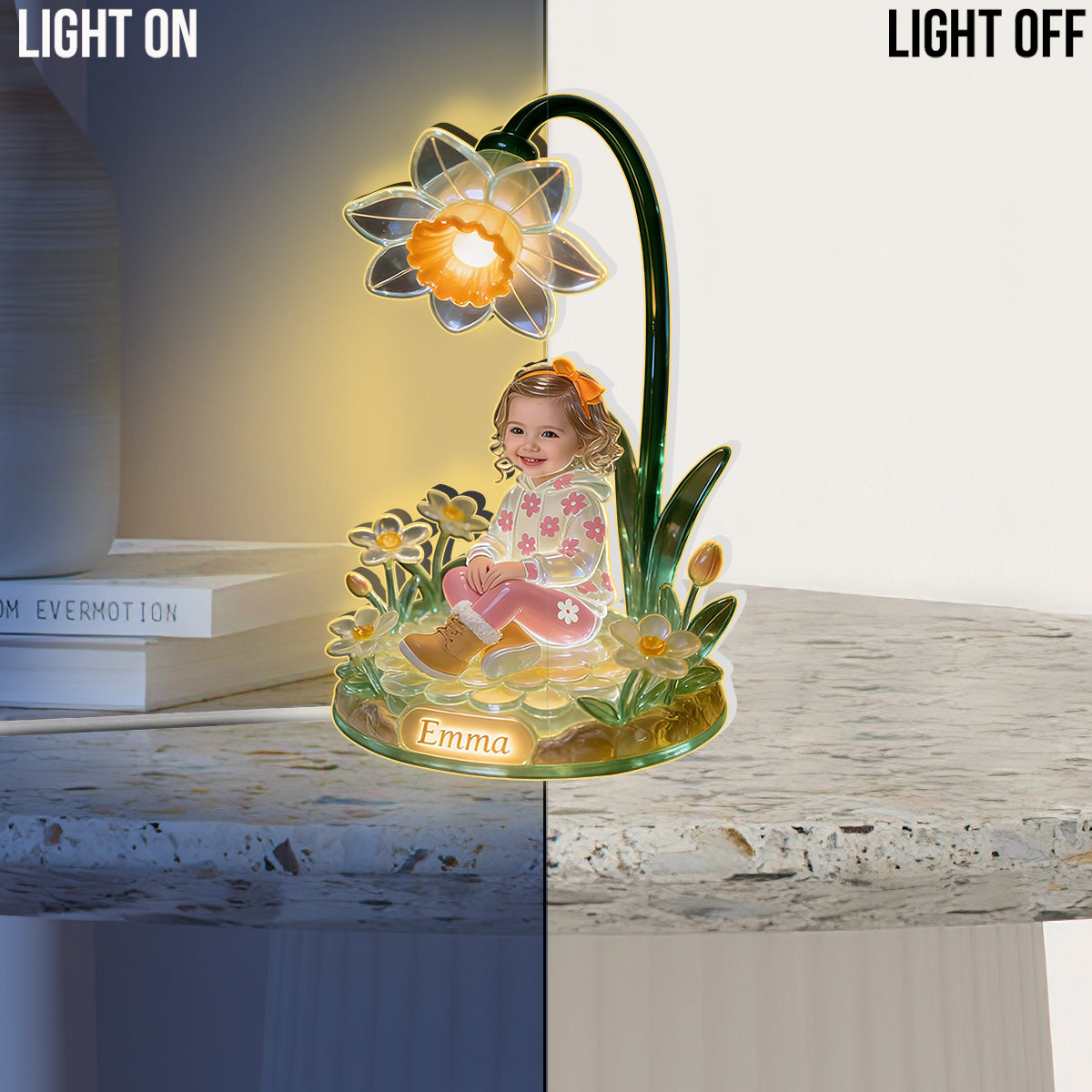 Veilleuse LED acrylique personnalisée pour enfant, avec photo et fleur du mois de naissance - Personnalisation possible avec n'importe quelle photo ou fleur -