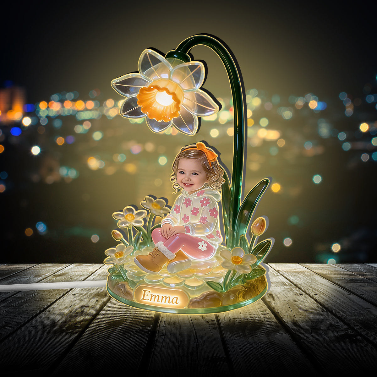 Veilleuse LED acrylique personnalisée pour enfant, avec photo et fleur du mois de naissance - Personnalisation possible avec n'importe quelle photo ou fleur -