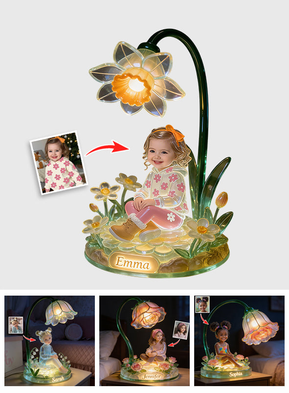 Veilleuse LED acrylique personnalisée pour enfant, avec photo et fleur du mois de naissance - Personnalisation possible avec n'importe quelle photo ou fleur -