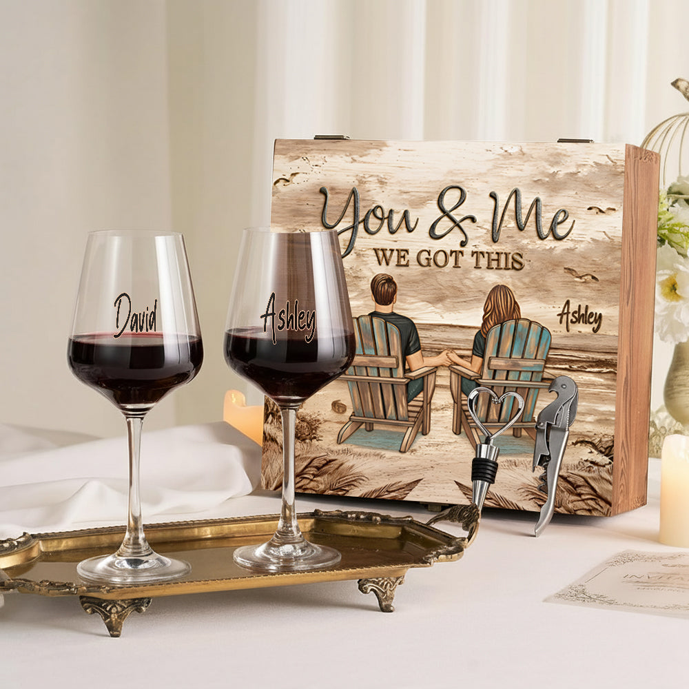 You & Me We Got This - Personalized Couple Wine Glasses Set With Wooden Box