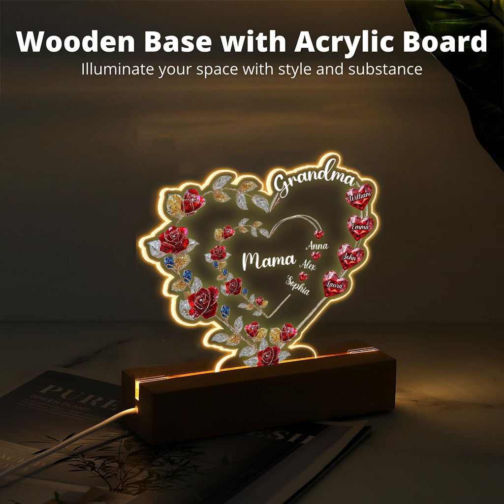 Grandma Mom Floral Heart - Personalized Grandma Shaped Plaque Light Base