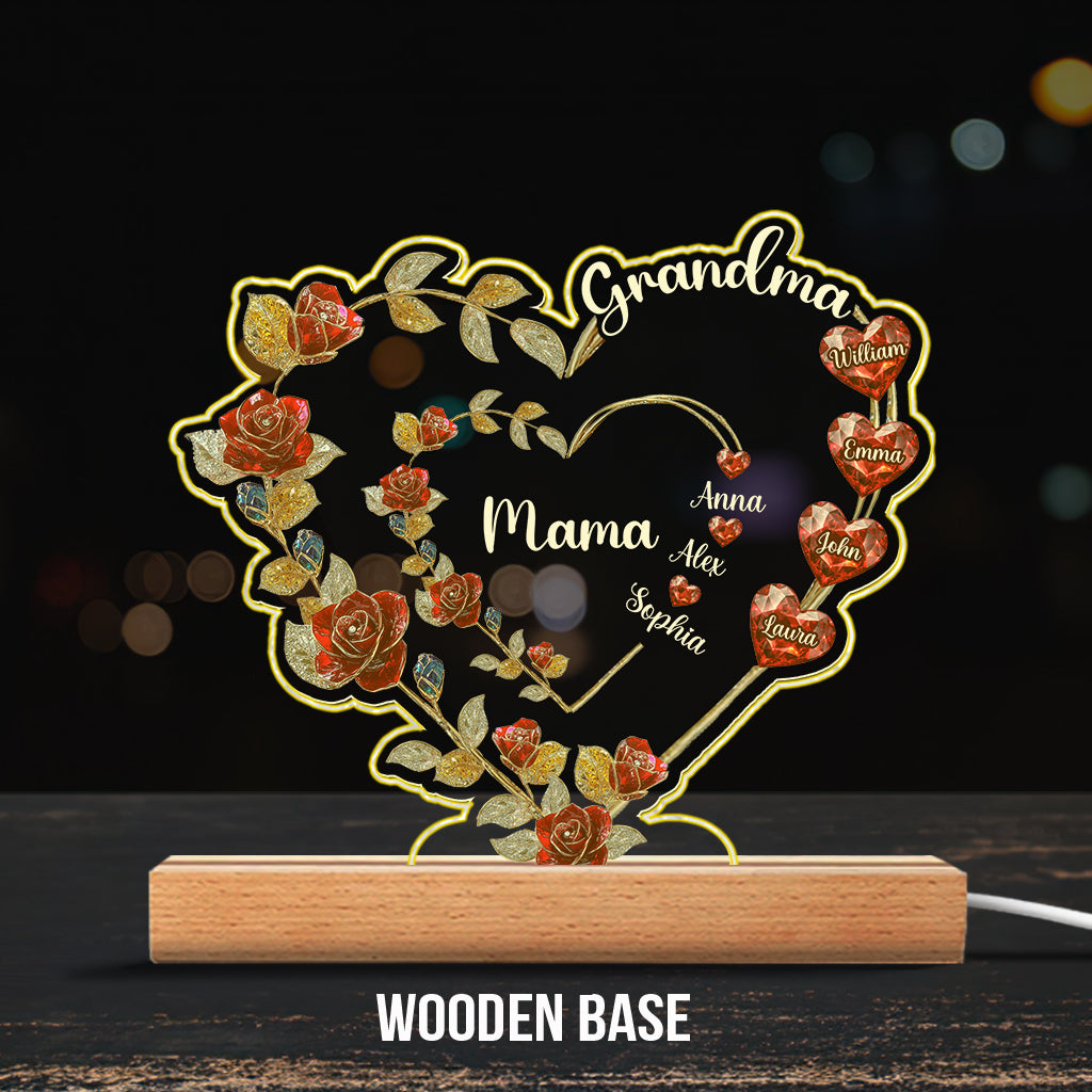 Grandma Mom Floral Heart - Personalized Grandma Shaped Plaque Light Base