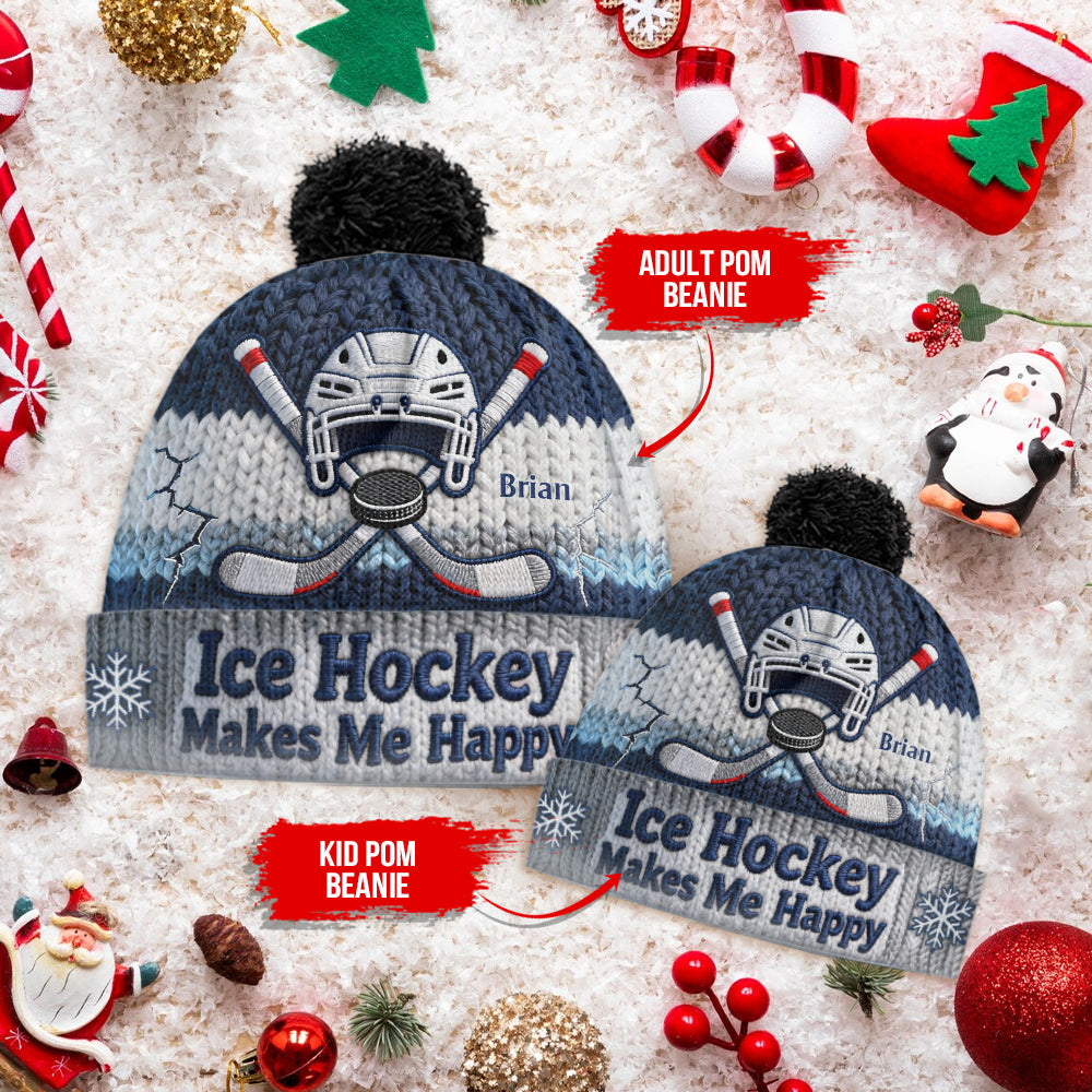 Ice Hockey Makes Me Happy - Personalized Hockey Beanie Hat