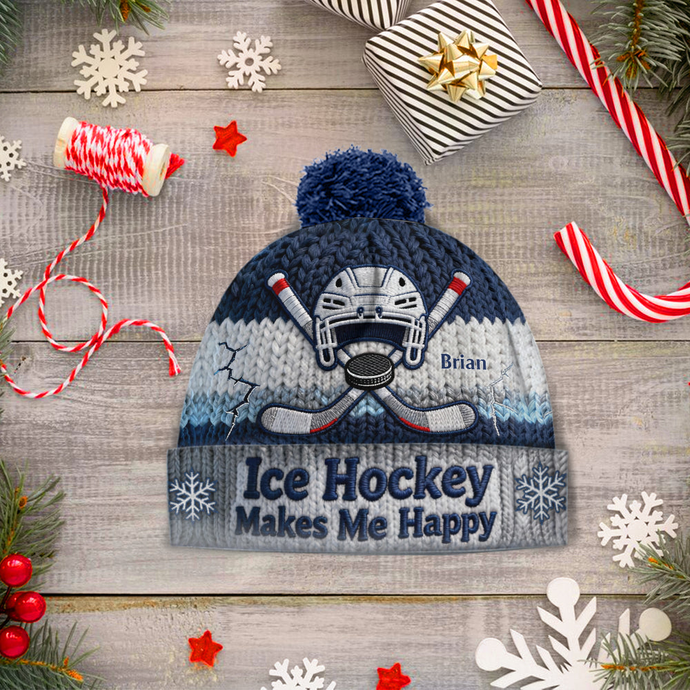 Ice Hockey Makes Me Happy - Personalized Hockey Beanie Hat