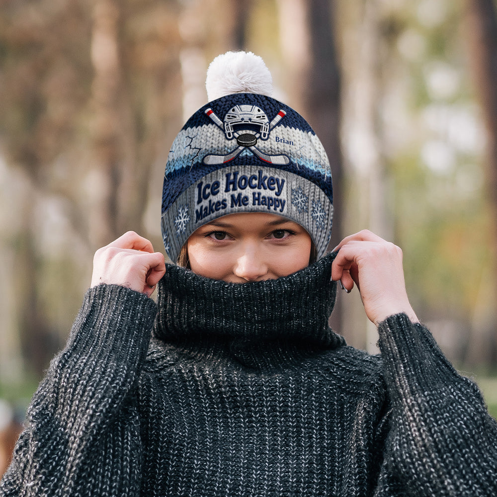 Ice Hockey Makes Me Happy - Personalized Hockey Beanie Hat