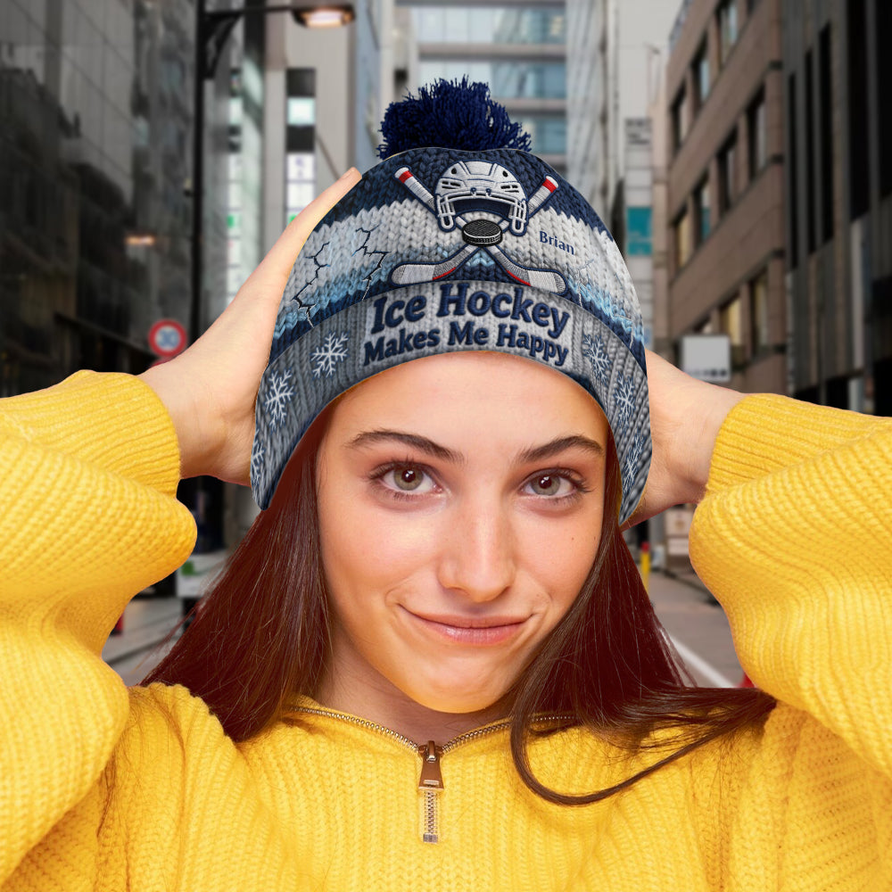 Ice Hockey Makes Me Happy - Personalized Hockey Beanie Hat