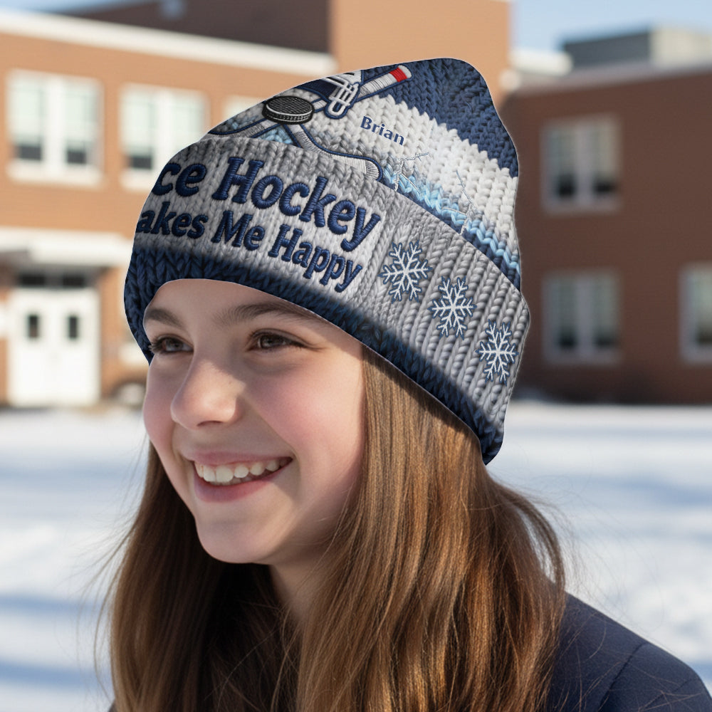 Ice Hockey Makes Me Happy - Personalized Hockey Beanie Hat
