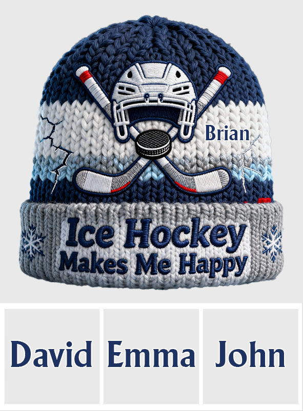 Ice Hockey Makes Me Happy - Personalized Hockey Beanie Hat