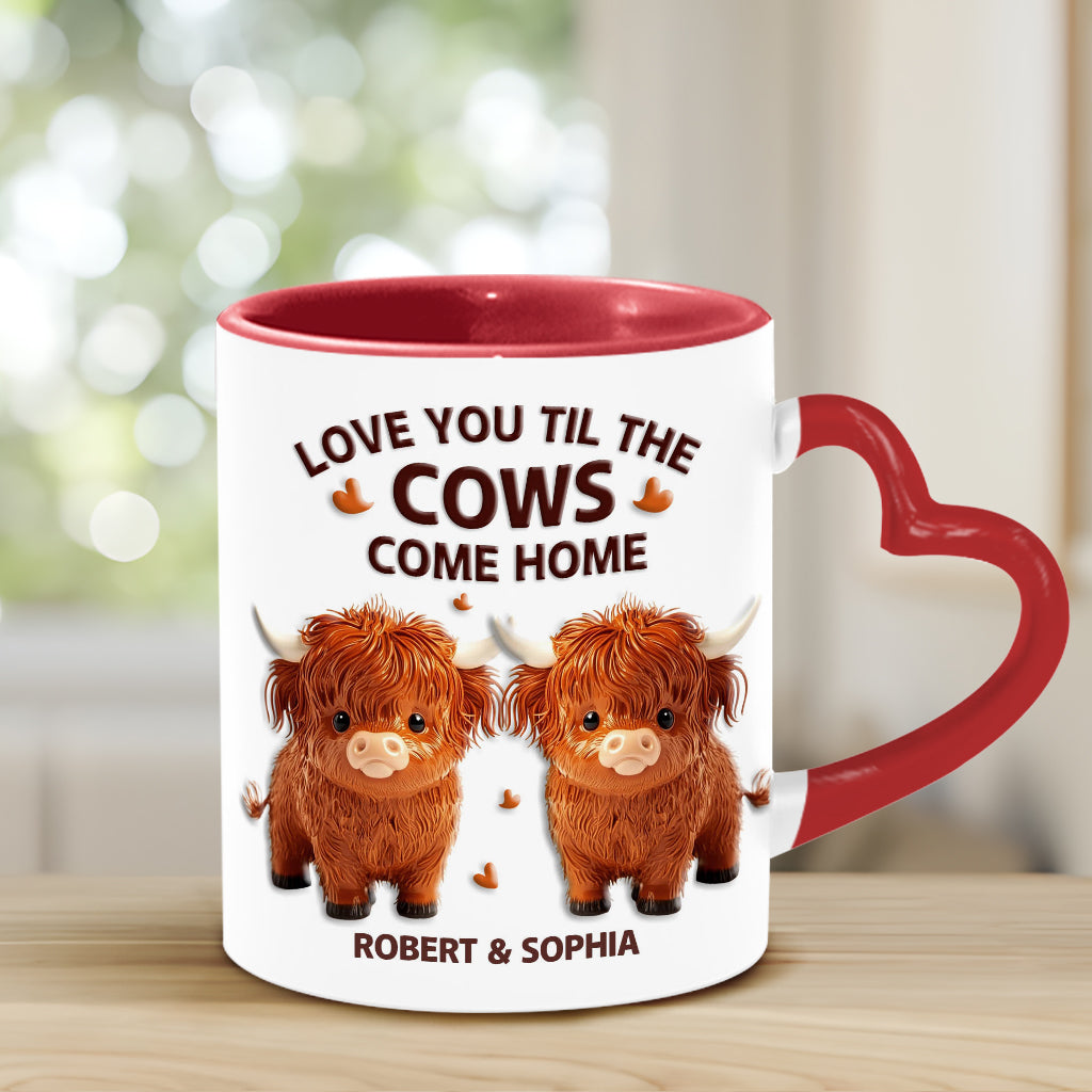 Love You Til The Cows Come Home - Personalized Couple Heart Handle Mug