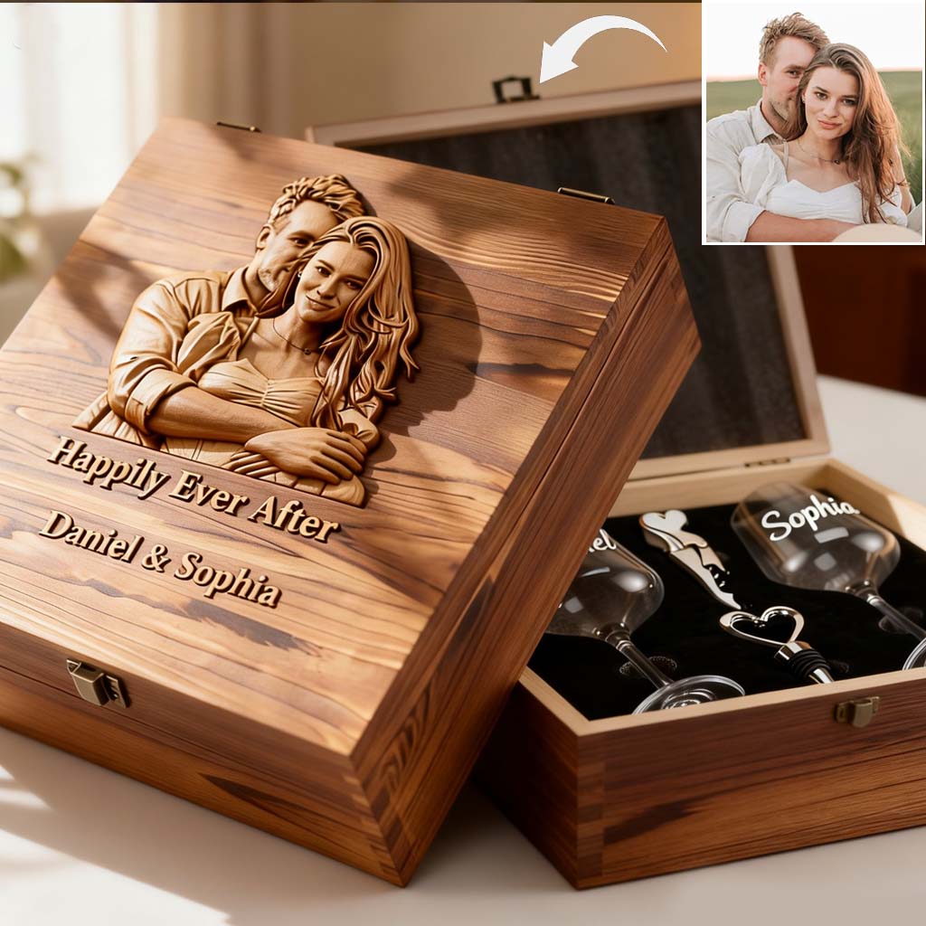 Happily Ever After - Personalized Couple Wine Glasses Set With Wooden Box