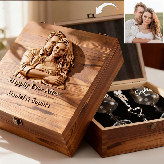 Happily Ever After - Personalized Couple Wine Glasses Set With Wooden Box