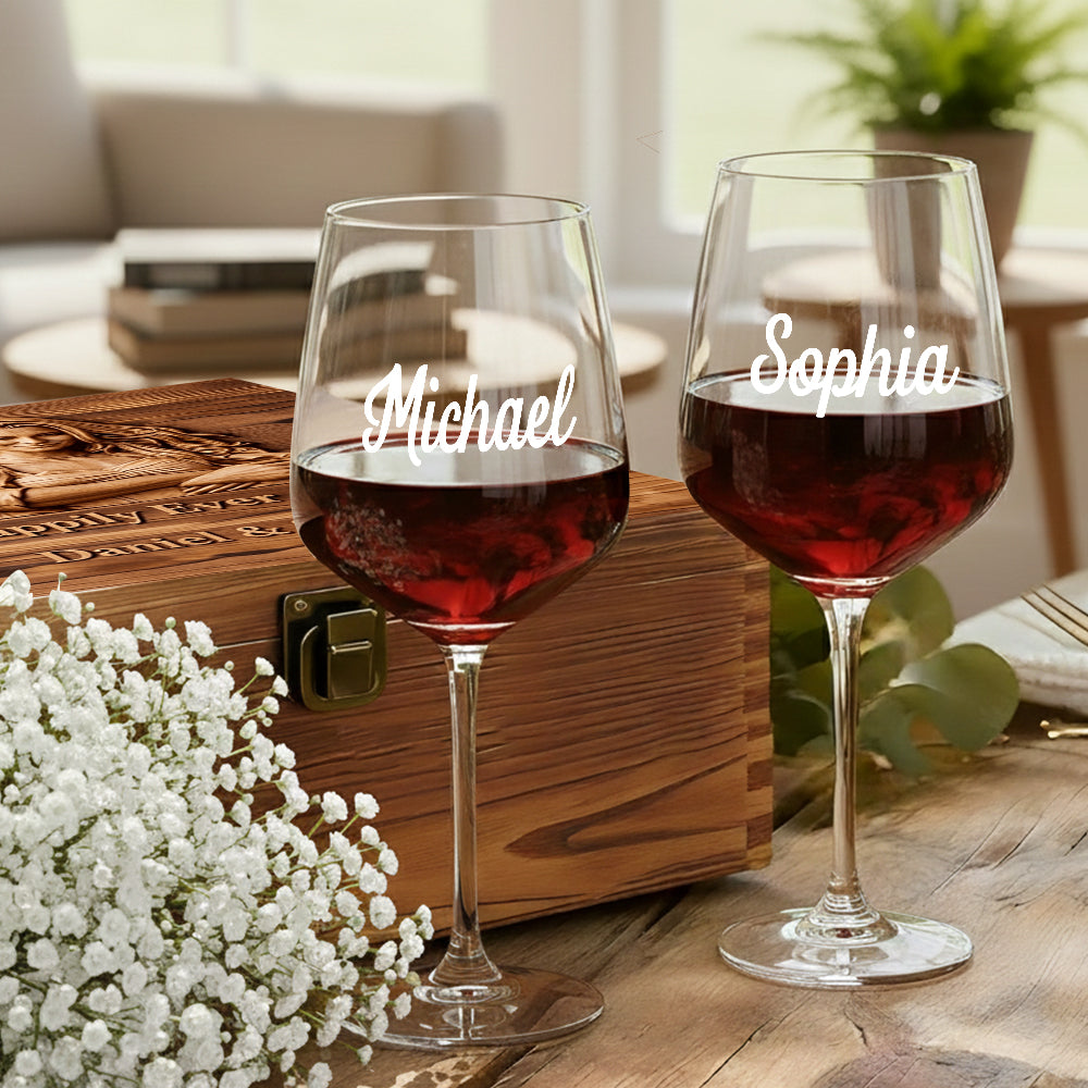 Happily Ever After - Personalized Couple Wine Glasses Set With Wooden Box