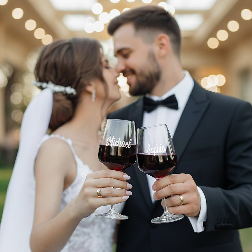 Happily Ever After - Personalized Couple Wine Glasses Set With Wooden Box