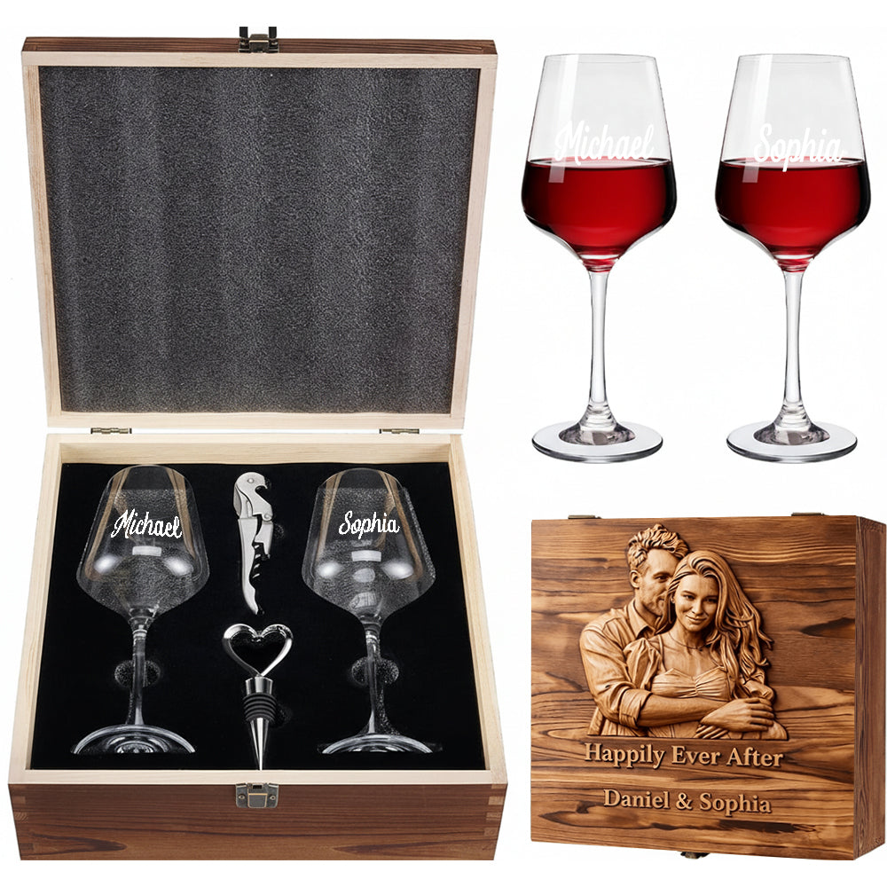 Happily Ever After - Personalized Couple Wine Glasses Set With Wooden Box