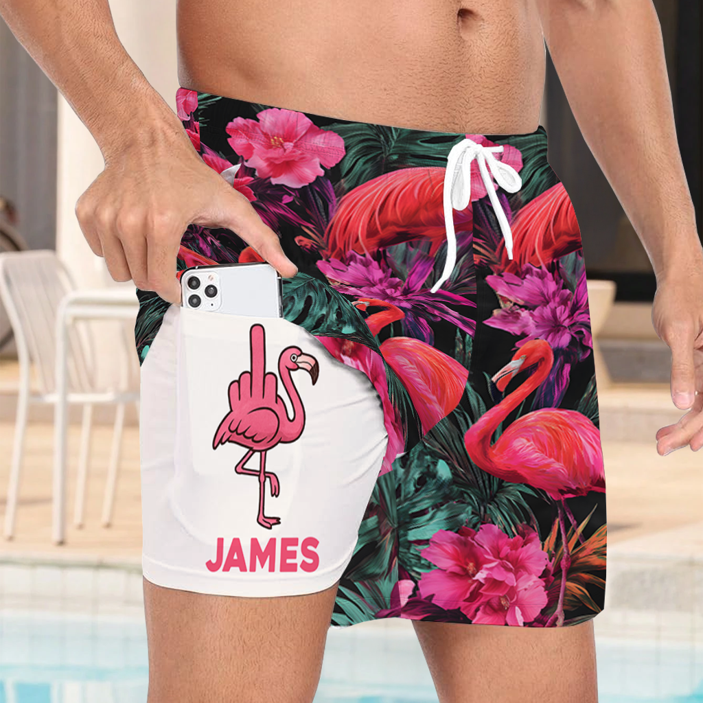 Tropischer Flamingo – Personalisierte Flamingo-Badehose für Herren mit Innenfutter