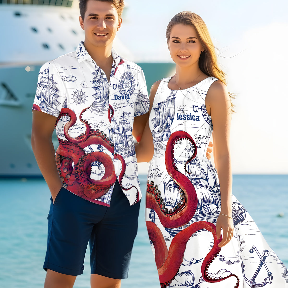 Octopus Sailboat Cruise Print Matching Beach Shirts and Dress Outfit For Couples - Personalized Couple Hawaiian Shirt & Sleeveless Dress