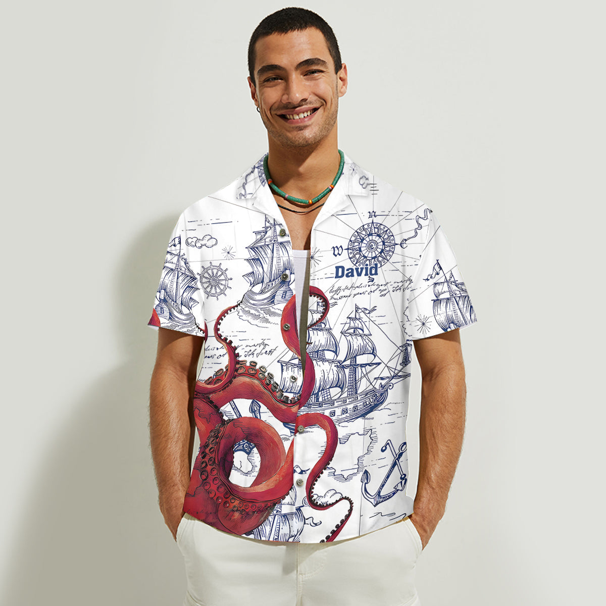 Octopus Sailboat Cruise Print Matching Beach Shirts and Dress Outfit For Couples - Personalized Couple Hawaiian Shirt & Sleeveless Dress