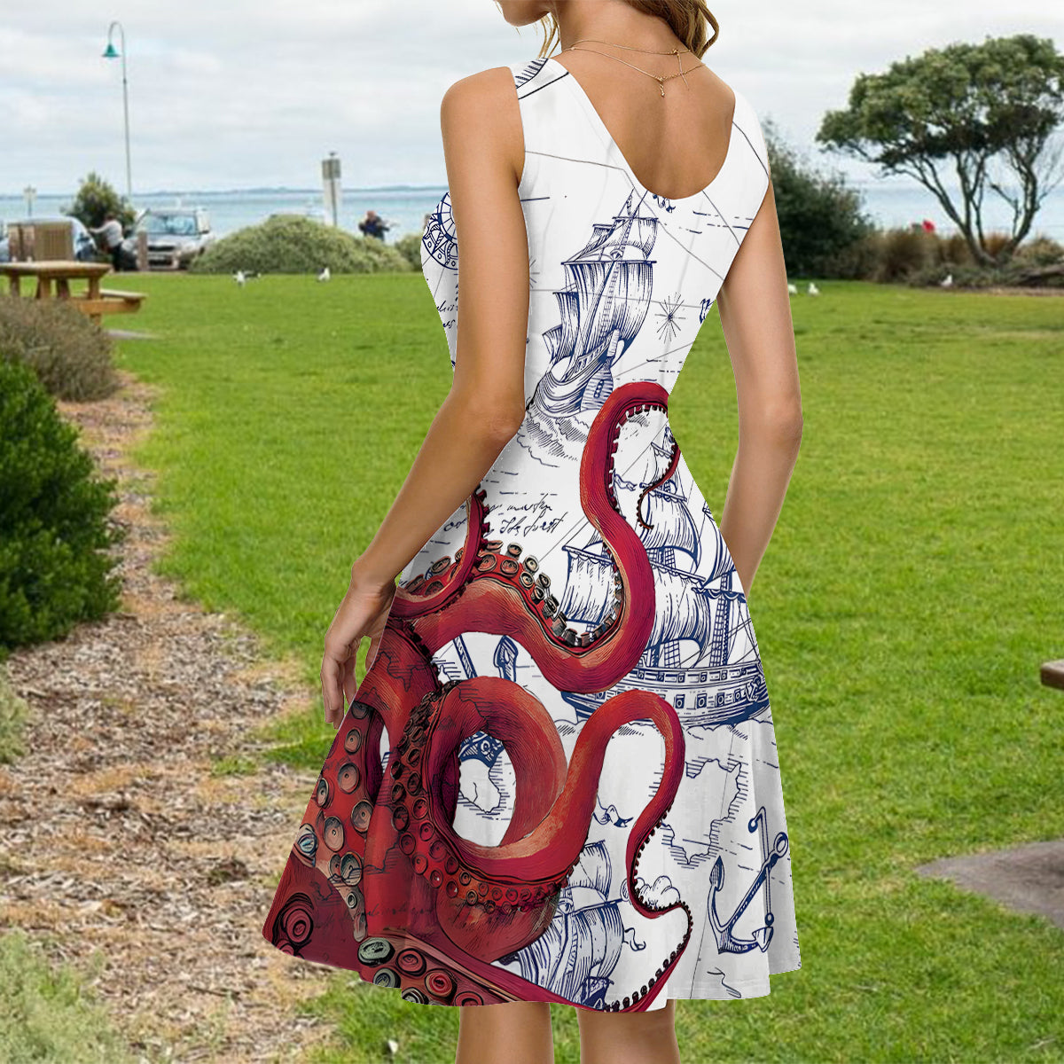 Octopus Sailboat Cruise Print Matching Beach Shirts and Dress Outfit For Couples - Personalized Couple Hawaiian Shirt & Sleeveless Dress