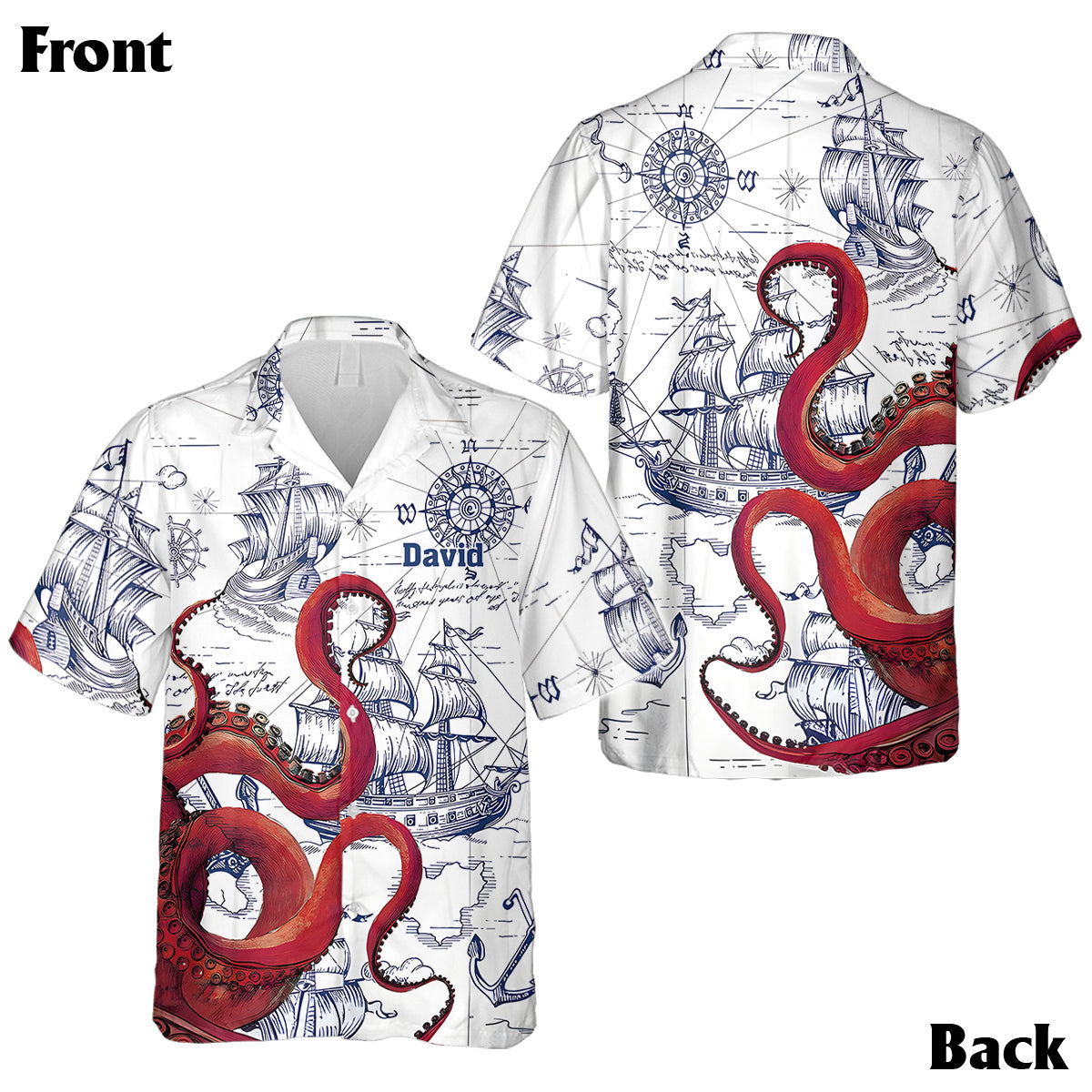 Octopus Sailboat Cruise Print Matching Beach Shirts and Dress Outfit For Couples - Personalized Couple Hawaiian Shirt & Sleeveless Dress