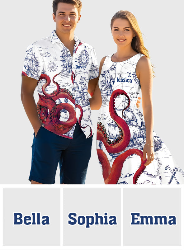 Octopus Sailboat Cruise Print Matching Beach Shirts and Dress Outfit For Couples - Personalized Couple Hawaiian Shirt & Sleeveless Dress