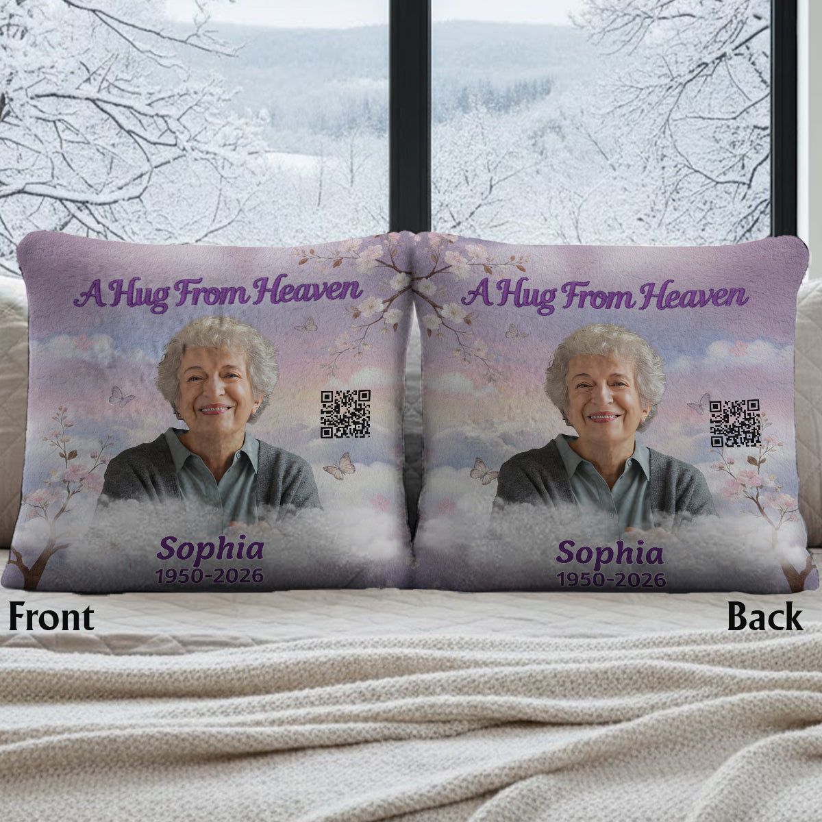 Eine Umarmung aus dem Himmel – Personalisiertes Gedenkkissen aus Kunstfell (quadratisch)