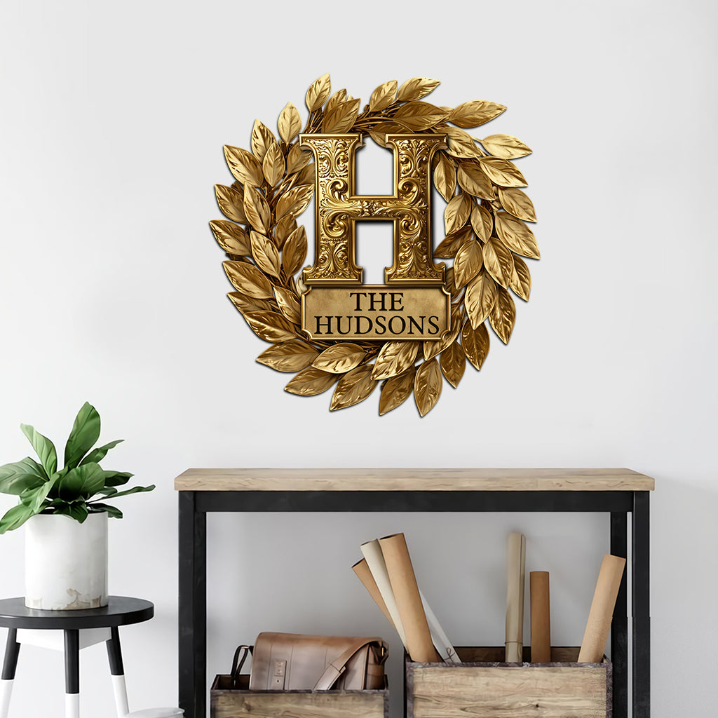 Custom Family Initial Gold Wreath - Personalized Family Cut Metal Sign